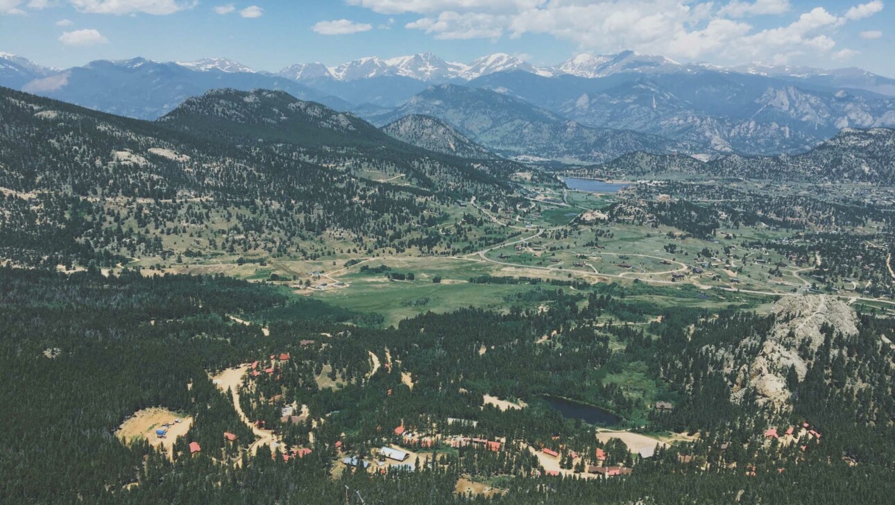 Aerial view of mountains and camp.