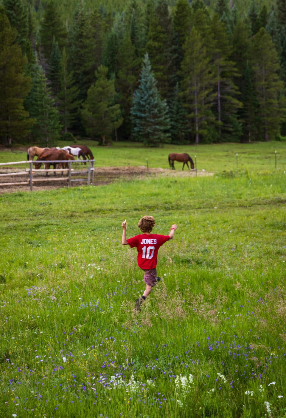 Camper running through a field.