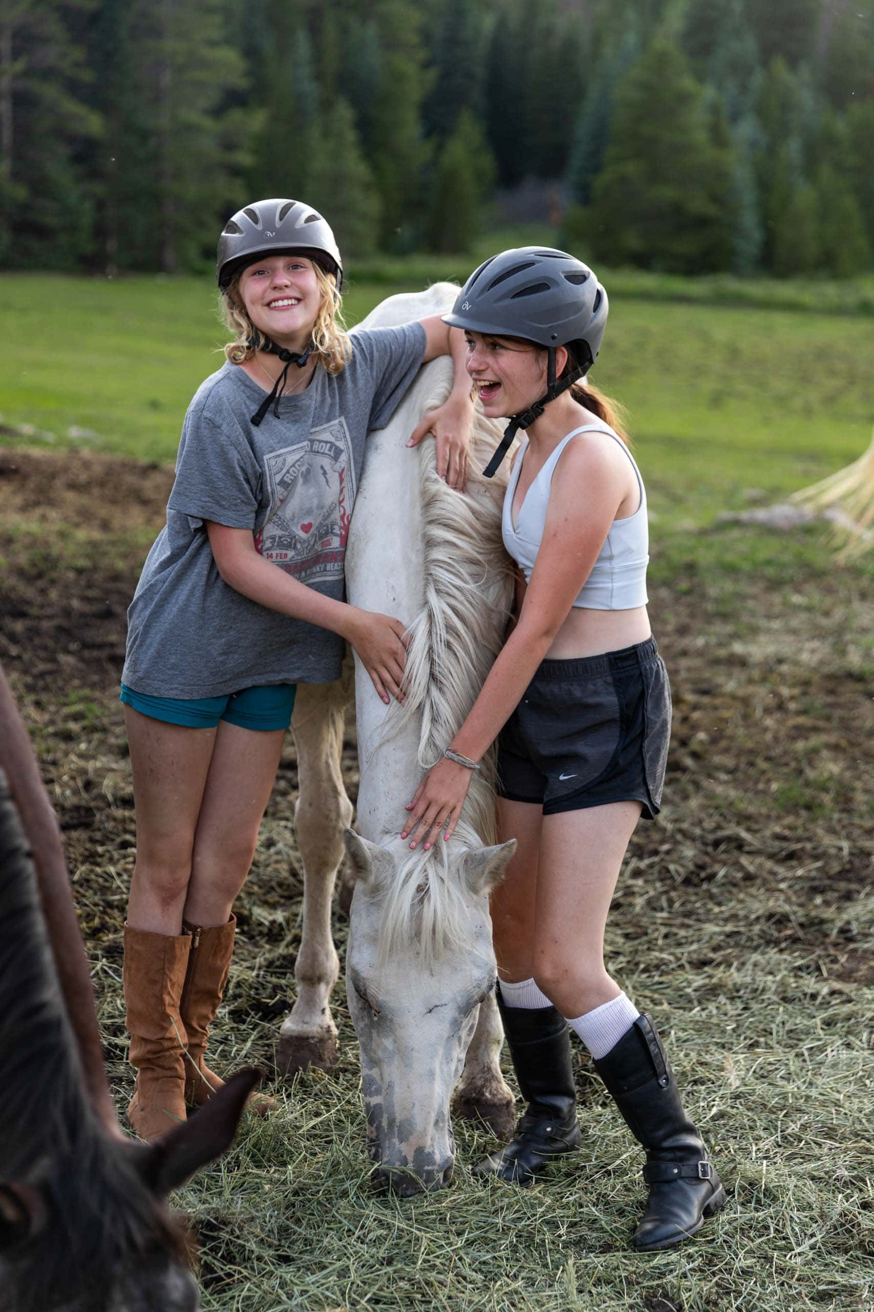 Girls petting horse.