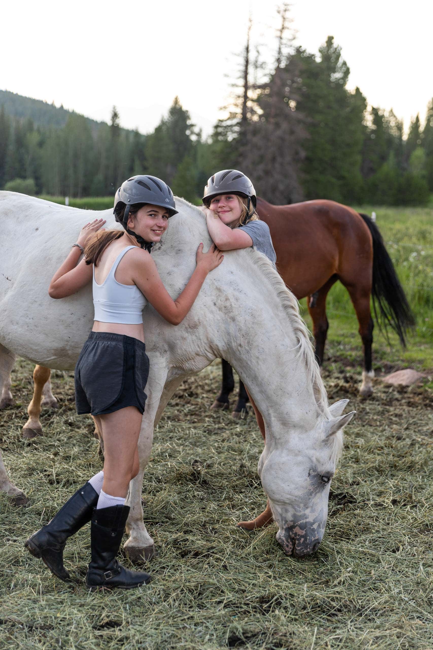 Girl petting horse.