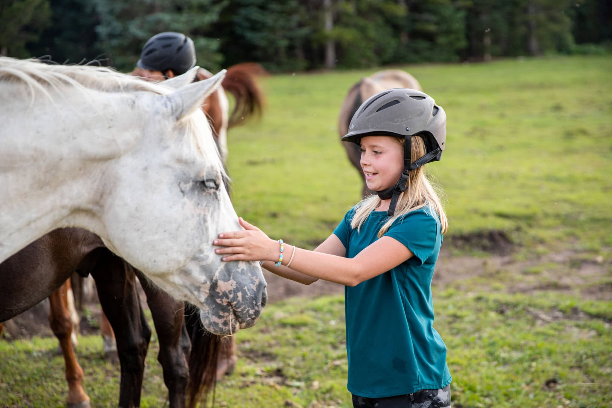 Girl petting horse.